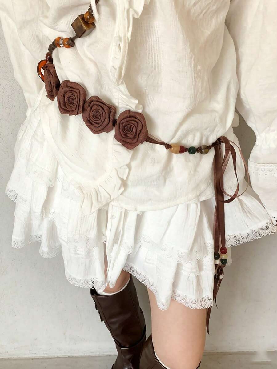 1pc Women's Bohemian Floral Waist Belt, Brown Fabric Rose With Colorful Beaded Ribbon Tie, Adjustable Waist Chain, Suitable For Daily And Party Wear - Multicolor - View 1