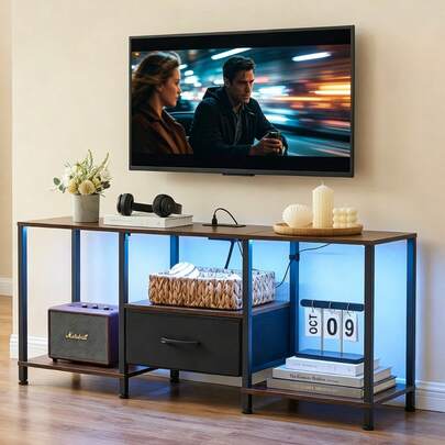 Mueble para TV marrón con luces LED, 2 enchufes y USB, 1 cajón