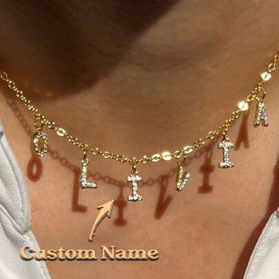 Collier personnalisé avec nom | Breloques de lettres en CZ pavé | Cadeau personnalisé pour elle | Bijoux délicats en or