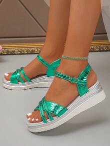 Women's Wedge Platform Sandals, Solid Color Beach Buckle Comfortable Height-Increasing Versatile Open Toe Summer Vacation Sandals - Green - View 3