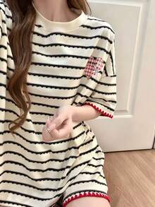 2pcs/Set Piyama Wanita, Motif Garis-garis Modis, Pola Lucu, Pullover Lengan Pendek Romantis, Pakaian Musim Semi/Panas, Kain Mudah Perawatan - Aprikot - View 9