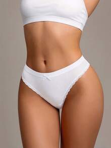 Secret Verse 1pc White Low Waist Lace Patchwork Bow Cotton Women's Triangle Bodycon Comfortable Breathable Panties - White - View 2