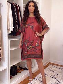 1PC Faux Silk Elegant Floral Print Pullover Shawl Women's Lightweight Fashion Versatile Sun Protection Cover-Up Beach Satin Loose Dress Suitable For Daily Decorative Matching - Red - View 4