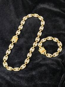 قطعة واحدة سوار + قلادة بتصميم سلسلة سميكة لامعة 15 مم مرصعة بالراين ستون، مناسبة للارتداء اليومي وزينة الحفلات - مجموعة قلادات الهيب هوب - مشاهدة 5