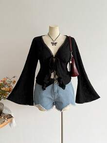 Bohemian Style Rose Textured Knit Top, Elegant Casual Romantic Ruffle Tie Top, Suitable For Autumn/Winter And Halloween Black - Black - View 4