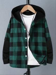 Boys' All-Season Casual Fashion Commute School Long Sleeve Plaid Hooded Button-Up Shirt - Dark Green - View 1