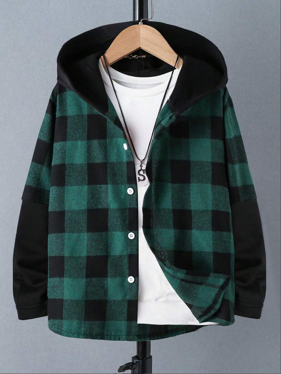 Boys' All-Season Casual Fashion Commute School Long Sleeve Plaid Hooded Button-Up Shirt - Dark Green - View 1