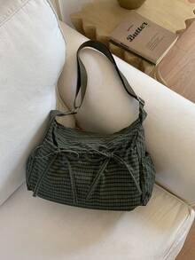 Nuevo Bolso de Hombro Plisado con Cordón y Diseño a Cuadros, Bolso Bandolera para Mujer - Verde - Ver 2