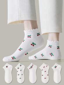 ZUJO 5 Pairs Women's Short Socks, Strawberry Cherry Pattern, Comfortable And Breathable, Suitable For All Seasons - Multicolor - View 4