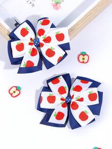 2 piezas de pinzas para el cabello con lazo y estampado de manzana en blanco & azul marino para niñas, bonitas barretas, pinzas de cocodrilo, primer día de escuela, accesorios para el cabello de uso diario casual - Multicolor - Ver 3