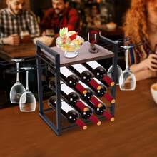 Flaschenregal, Weinregal Mit Aufhängehaken 9 Flaschen Wein Getränkeregal Gesamttragfähigkeit Etwa 22.68kg Für Weinkeller - Schwarz+Braun - Übersicht 3
