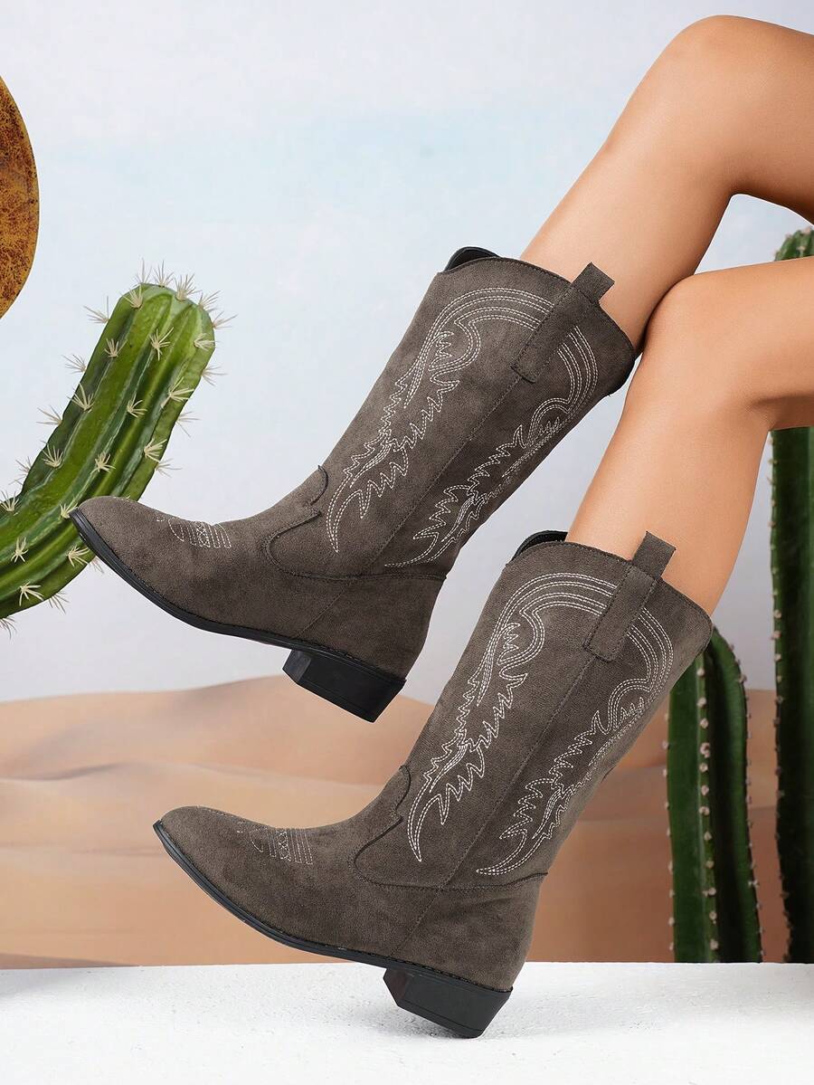2026 European And American Retro Solid Color Western Style Fabric Embroidered Western Boots Knight Boots Outdoor Festival Fashion Women's Shoes - Coffee Brown - View 1