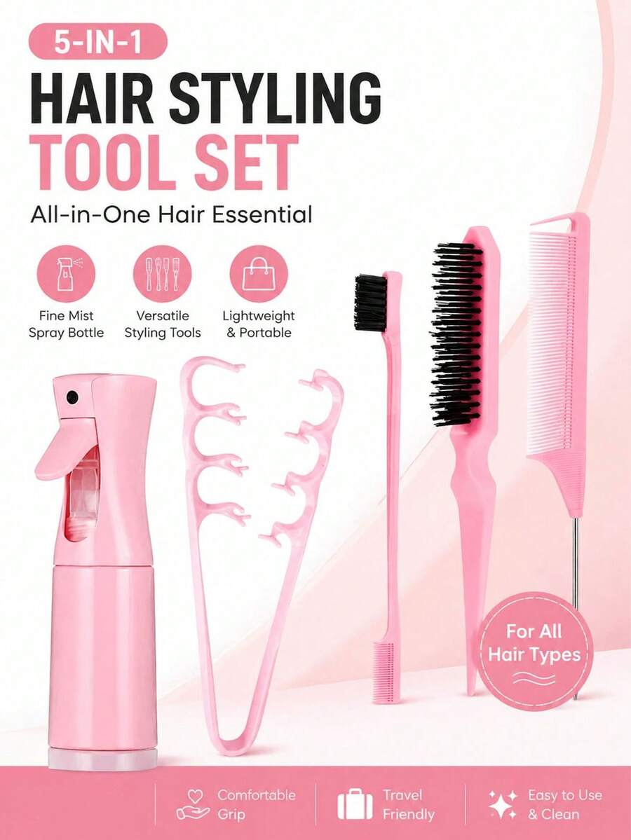 WANMEI 5-In-1 Styling Tool Set, All-In-One Hairstyle Tool Kit, Fine Mist Spray Bottle, Hair Comb, Edge Brush, Tail Comb, Portable Hairstyle Tool Suitable For All Hair Types