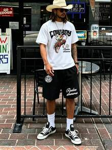 美式嘻哈風西部牛仔夢口號與街頭純色印花短袖套裝 男款夏季休閒運動兩件組 - 彩色 - 查看 2