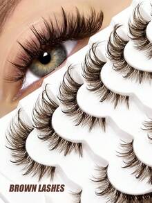 Asiteo 7 Pairs Brown Lashes Cat Eye False Eyelashes Lightweight & Fluffy Full Strip Lashes Create Cat Eye Makeup Effect Lashes Transparent Stem Lashes Friendly For Beginners Suitable To Plain Makeup Or Natural Makeup - 棕色 - 查看 1
