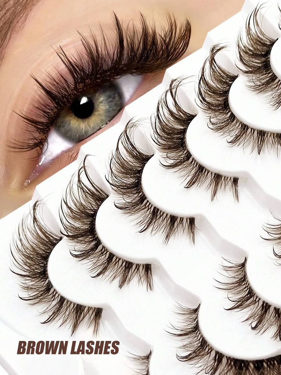 Asiteo 7 Pairs Brown Lashes Cat Eye False Eyelashes Lightweight & Fluffy Full Strip Lashes Create Cat Eye Makeup Effect Lashes Transparent Stem Lashes Friendly For Beginners Suitable To Plain Makeup Or Natural Makeup - 棕色 - 查看 1