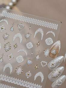 Autocollants pour ongles d'été avec motif de dentelle vintage baroque en relief, décoration d'ongles minimaliste avec cœur français et gemme - Multicolore - Voir 7