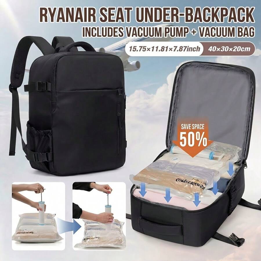 Ba lô xách tay Wizz Air Ryanair 40x20x30cm, kèm túi nén chân không và bộ bơm tay, ngăn đựng giày, ghế gấp và ngăn sắp xếp đồ trên máy bay, phù hợp cho các chuyến đi ngắn, thiết kế tối giản unisex, túi xách tay, quà tặng tựu trường.