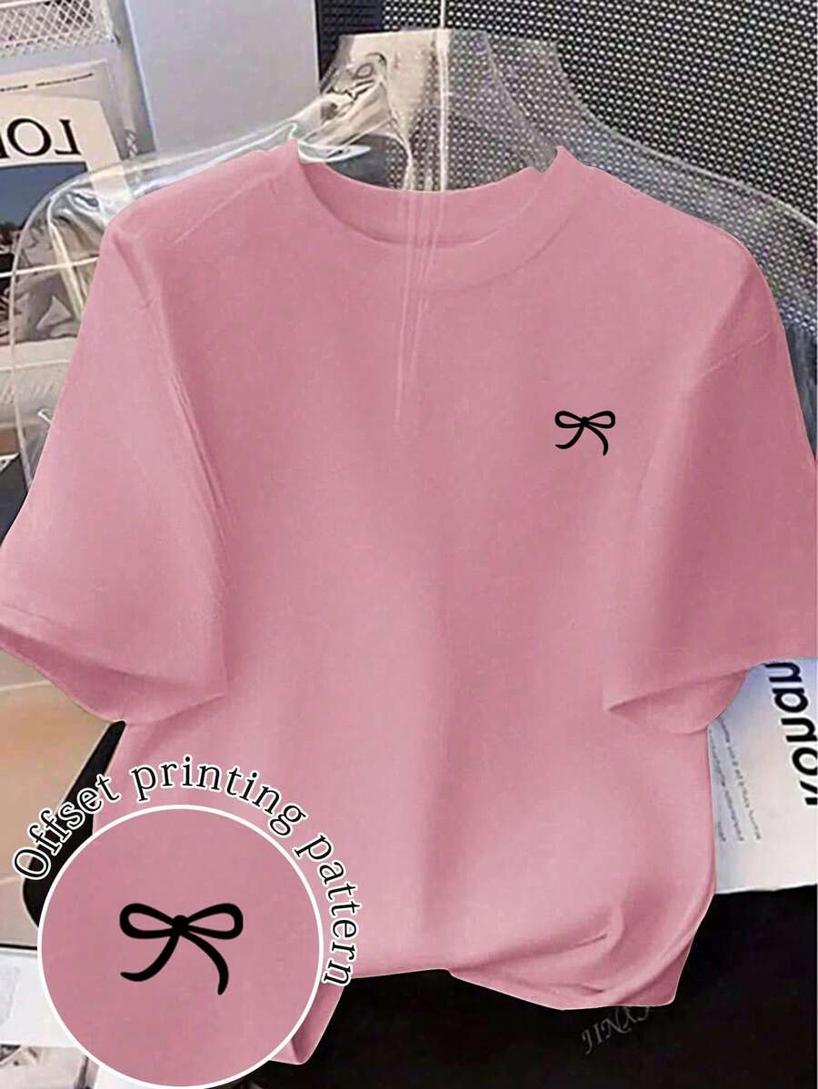 Short-Sleeved T-Shirt With Bow Print, Loose Fit, For Spring/Summer, For Casual Wear - 羅莎 - 查看 1