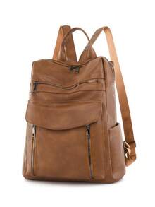 LECEY 1pc Large Capacity Fashion Minimalist Patchwork Women's Backpack Suitable For Travel And Daily Use - Brown - View 3