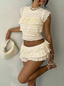 Conjunto de top y falda de punto con encaje jacquard, fruncido y cuello redondo para primavera/verano - Beis - Ver 5