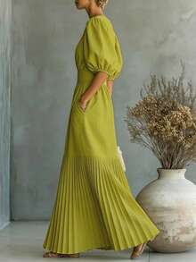 Women's Elegant Summer/Autumn Pleated Dress, Solid Autumn Yellow, Short Petal Sleeve With Pockets, Suitable For Holiday, Party, Wedding Guest, Outing - Lime Green - View 3