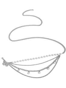 1pc Women's Waist Chain, Personalized Pearl Butterfly Multi-Layer Tassel Chain, Wedding Birthday Party Daily Wear Waist Chain Waist Decoration 105CM - Silver - View 5