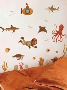 1pc Healing Ocean Style Wall Sticker Waterproof Moisture-Proof Removable Self-Adhesive PVC Sticker Bathroom Children's Room Baseboard Decoration Watercolor Underwater Coral Tropical Fish Cartoon Marine Life Wall Decal - Wall Stickers - View 7