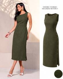 Classic Long Black Dress With A Round Neck, Pockets, And An Elegant Slit Design. - Moss Green - View 1