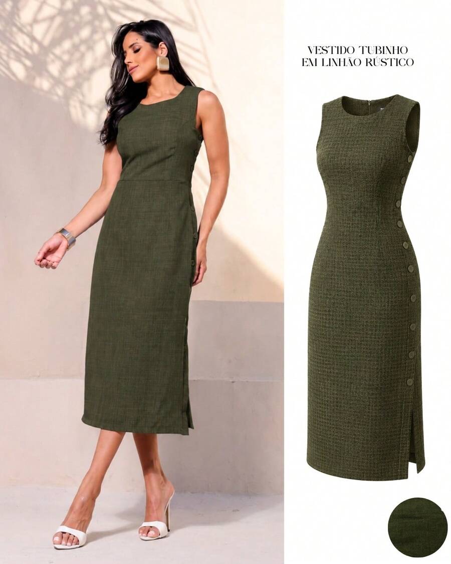 Classic Long Black Dress With A Round Neck, Pockets, And An Elegant Slit Design. - Moss Green - View 1
