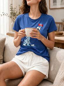 Ladies Summer Top World Cup Maple Legion Printed Round Neck Short Sleeve T-Shirt, Fan Gifts, Vacation, Fitness, Outdoor Activities - Blue - View 7