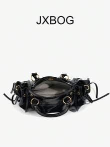 Y2K 龐克復古鉚釘設計手提包/單肩包/枕頭包 PU材質 磁吸開合 抽繩開口 適合日常通勤、購物、時尚派對必備單品 - 黑色 - 查看 4