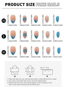 10 piezas de uñas postizas de almendra medianas, de punta francesa azul desnuda, hechas a mano, con flores y lunares - Multicolor - Ver 4