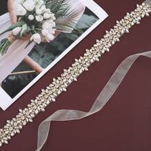 1pc Luxury Bridal Handmade Rhinestone Beaded Waist Belt Sash For Wedding Party - Gold Applique+Organza Ivory Ribbon - View 2