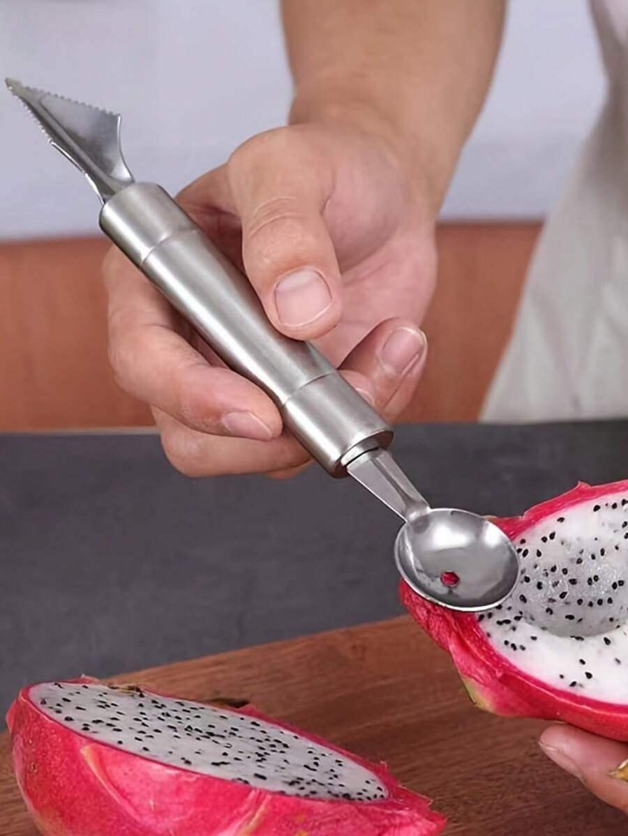 1pc Fruit Ball Scooper, 2-In-1 Fruit Scoop, Stainless Steel Fruit Carving Tool Kitchen Gadget - Multicolor - View 1