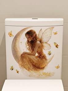 1pc Healing Fairy Tale Style Toilet Decor Sticker, Forest Flower Fairy/Moonlight Fairy Design, Waterproof Removable Bathroom Wall DIY Renovation Style Sticker - Wall Stickers - View 2
