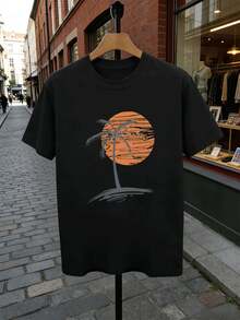 Herren-T-Shirt Mit Palmen-Sonnenuntergangsmotiv, 100 % Baumwolle, Rundhalsausschnitt, Bequeme Passform, Auff?Lliger Print - 黑色 - 查看 2