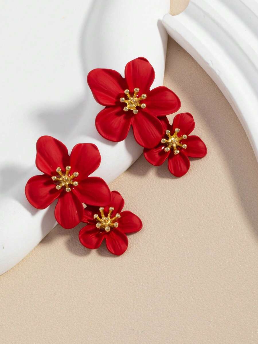 1 par de pendientes de flor de doble capa premium, pendientes colgantes minimalistas para niños - Rojo - Ver 1