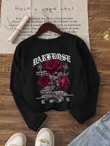 1pc Tween Boys Cool Long Sleeve Top, Dark Red Rose DARK ROSE Gothic Letter Print Crew Neck Loose Pullover, Spring/Autumn Children's Clothing - Black - View 3