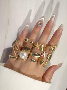 Set de 10 piezas de anillos de estilo bohemio para vacaciones, de metal ajustable y apilable, con estrella de mar, resina, perla falsa, diseño retorcido y geométrico, adecuado para niñas, regalo para ambiente de salida a la playa - 32715-anillo-G - Ver 4