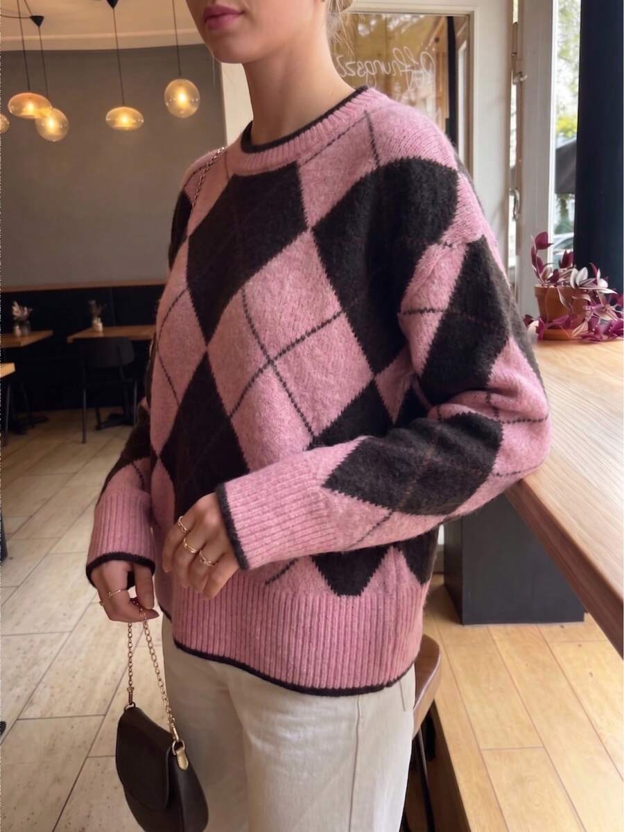 Women's Colorblock Argyle Knit Pullover Sweater, Drop Shoulder Long Sleeve, Loose Fit, Soft & Comfortable, Versatile - Pink - View 1