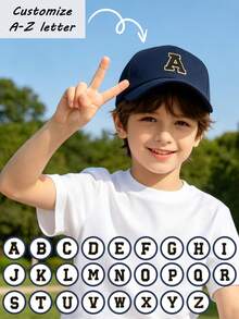 1pc Children's Navy Blue Baseball Cap, Customized A-Z Nude Letter Embroidery Adjustable Sun Hat, Suitable For 3-16 Years Old Outdoor Camping Travel Sports - Navy Blue - View 1