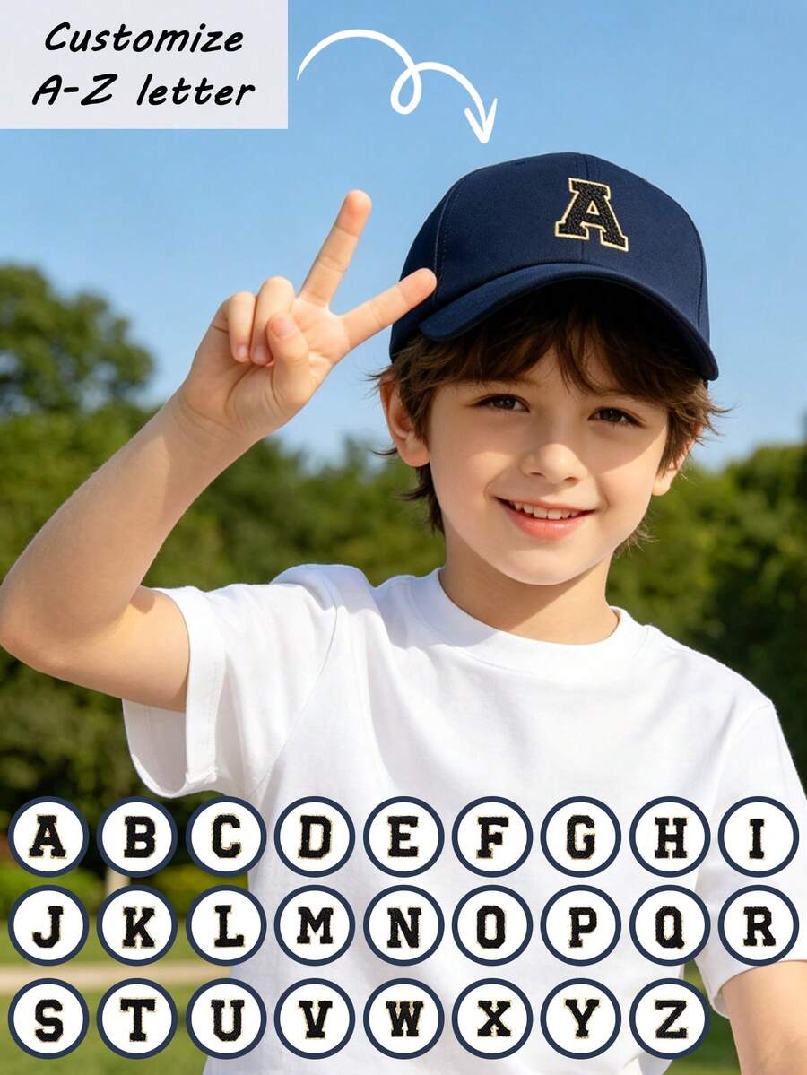 1pc Children's Navy Blue Baseball Cap, Customized A-Z Nude Letter Embroidery Adjustable Sun Hat, Suitable For 3-16 Years Old Outdoor Camping Travel Sports - Navy Blue - View 1