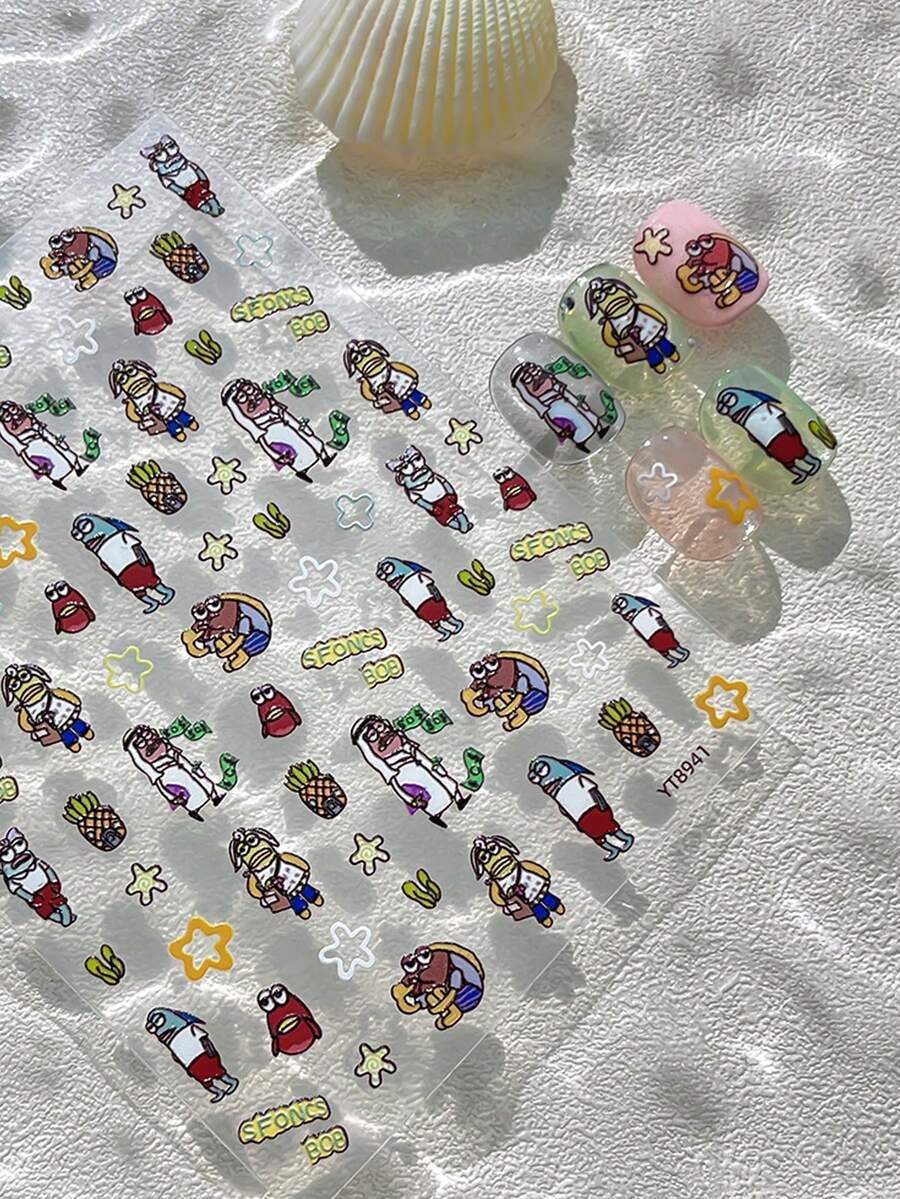 Pegatinas de uñas de verano con relieve 3D de concha brillante y pez de mar profundo, calcomanías de uñas de estilo oceánico de verano con pez pequeño de dibujos animados 3D - Multicolor - Ver 1