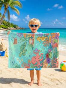 1pc Ocean Creature Octopus, Coral, Sea Turtle Design Kids Beach Towel, Super Absorbent Oversized Beach Blanket, Suitable For Beach, Pool, Travel, Camping, Yoga - Multicolor - View 5