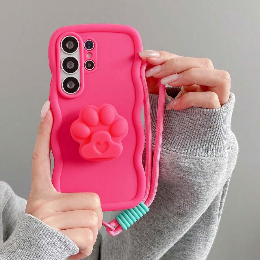1 pieza Funda de teléfono a prueba de golpes con pata de gato grande de silicona + correa de muñeca trenzada con patrón ondulado compatible con la serie Android [Versión internacional no local] S26ultra/S25/S24/S23s22/S21..... Mt Honor ......... - Rojo rosa - Ver 1