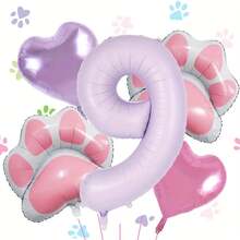 40-Inch Cream Purple Number (1-9) Aluminum Foil Balloons Set For Pet Themed Birthday Parties, Including Pink Paw-Shaped Heart Balloons, 1 Roll Of Purple Ribbons, And Inflation Straws For Pet Theme Dog Birthday Party Balloons Decorations Supplies - Purple - View 18