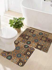 1 pieza Alfombra de baño con patrón de azulejos florales bohemios, alfombra de baño, felpudo, alfombra pequeña, alfombra, alfombra de piso, decoración del hogar, alfombra de área, alfombra para exteriores, alfombra de dormitorio, alfombra lavable - Multicolor C - Ver 2