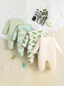 4pcs Newborn Simple Fashion Cute Dinosaur Print Footie Pajamas, Suitable For Baby Boys And Girls - Green - View 2