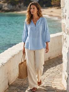 Women's Embroidered Loose Boho Vintage Mid-Sleeve Blouse, Spring/Summer - Blue - View 4